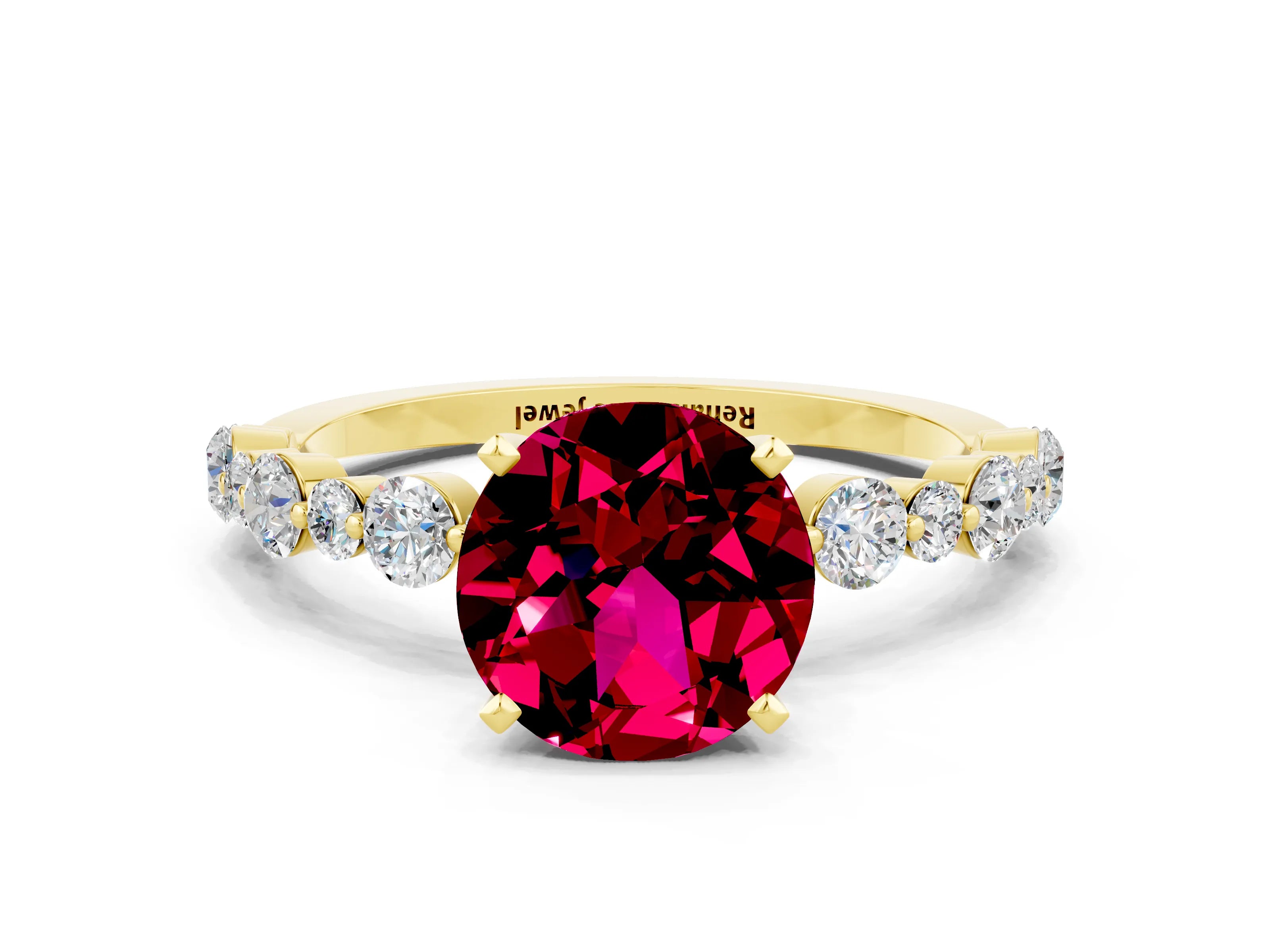 Yellow gold Round Cut Garnet Prong Set Engagement Ring with Pavé Band