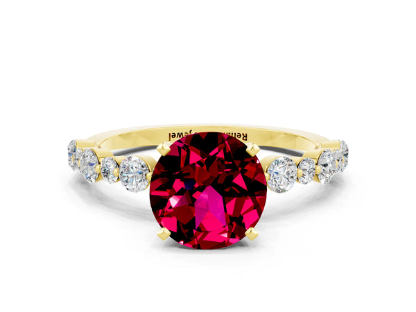 Yellow gold Round Cut Garnet Prong Set Engagement Ring with Pavé Band