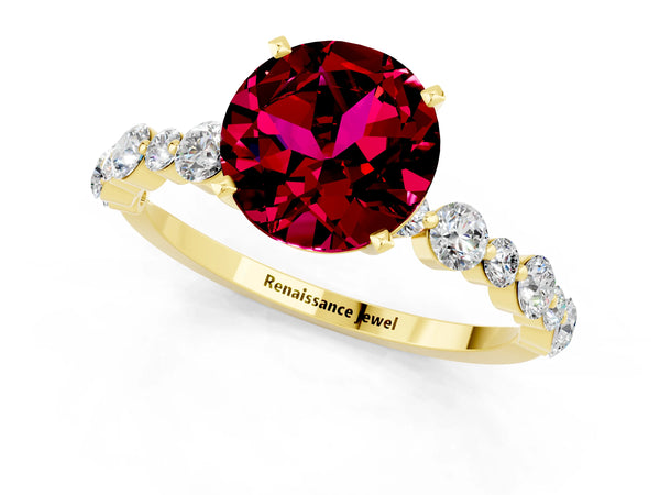 Yellow gold Round Cut Garnet Prong Set Engagement Ring with Pavé Band