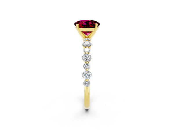Yellow gold Round Cut Garnet Prong Set Engagement Ring with Pavé Band