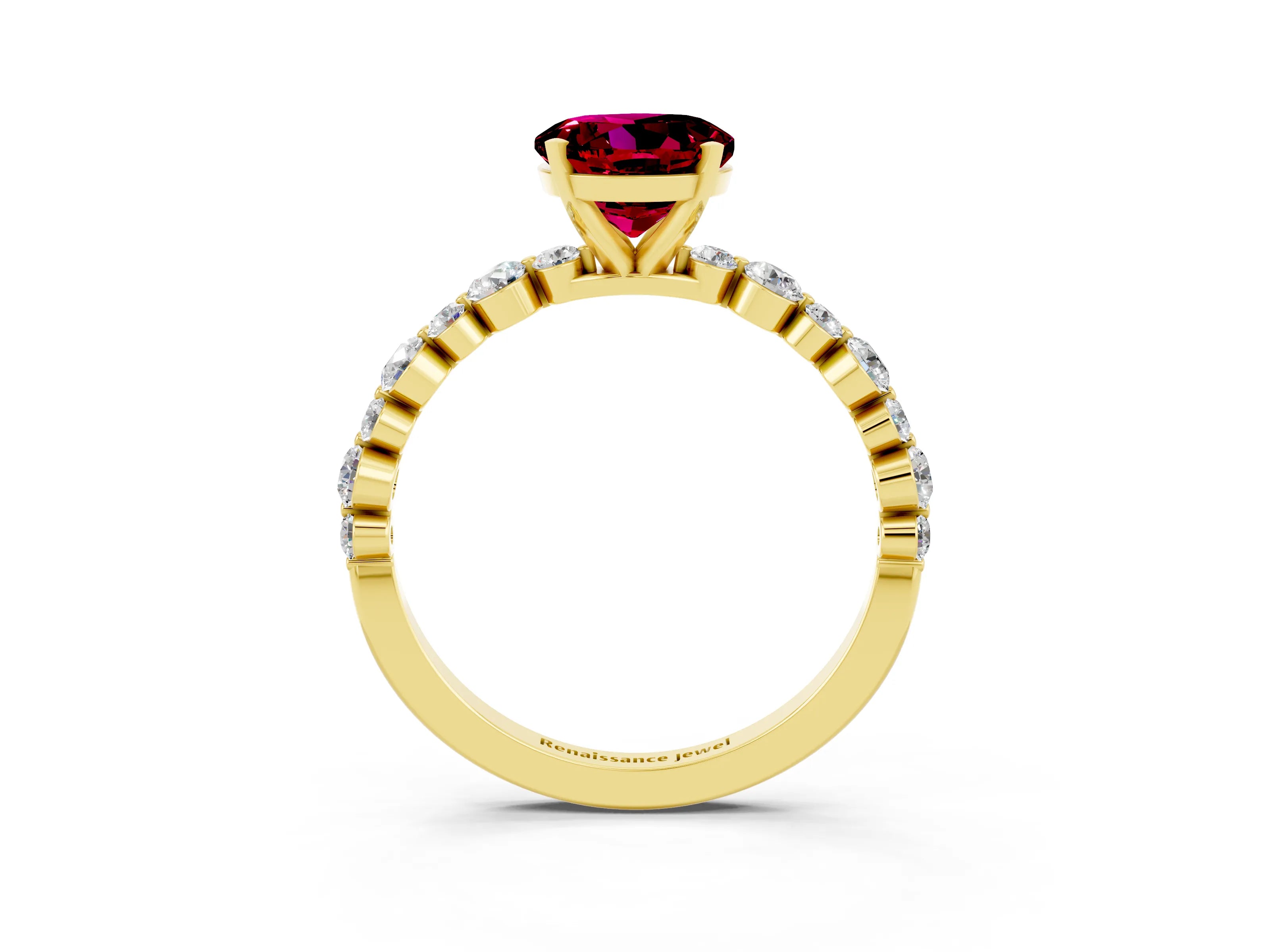 Yellow gold Round Cut Garnet Prong Set Engagement Ring with Pavé Band_3