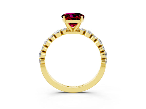 Yellow gold Round Cut Garnet Prong Set Engagement Ring with Pavé Band