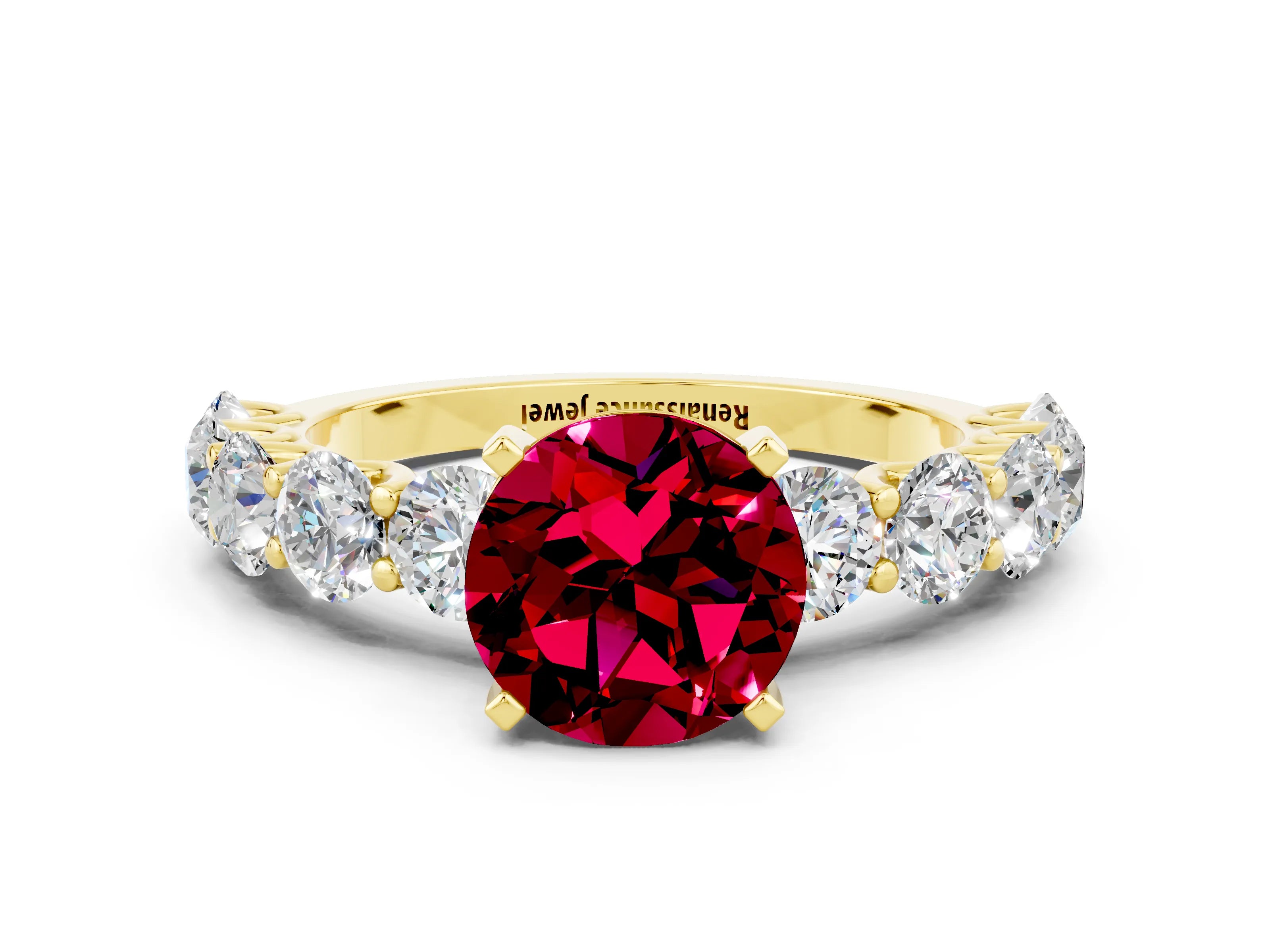 Yellow gold Round Cut Garnet Prong Setting with Side Stones on a Pave Band