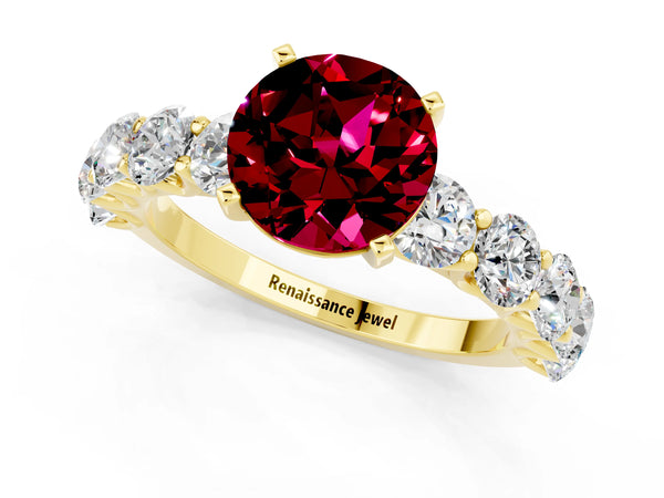 Yellow gold Round Cut Garnet Prong Setting with Side Stones on a Pave Band