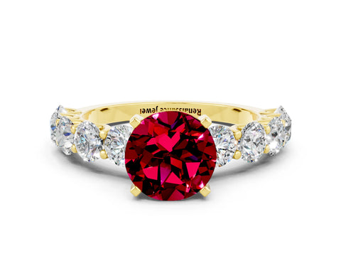 Yellow gold Round Cut Garnet Prong Setting with Side Stones on a Pave Band