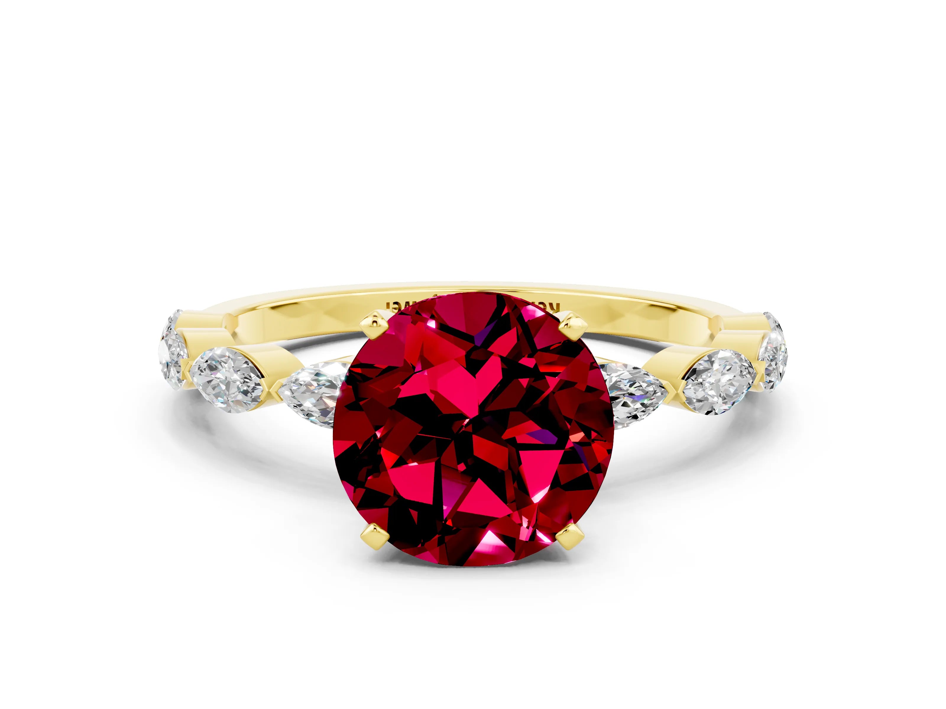 Yellow gold Round Cut Garnet Ring with Marquise Side Stones and Prong Setting