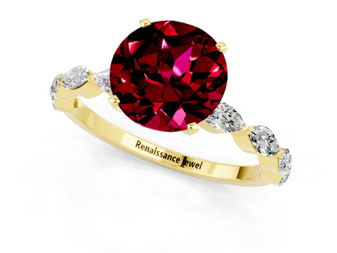 Yellow gold Round Cut Garnet Ring with Marquise Side Stones and Prong Setting_1