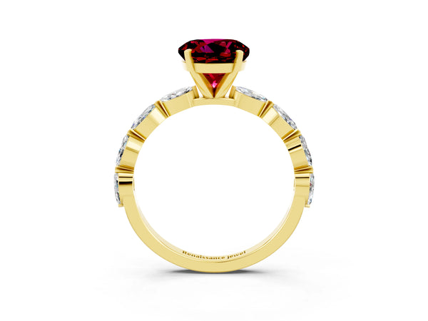 Yellow gold Round Cut Garnet Ring with Marquise Side Stones and Prong Setting