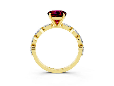 Yellow gold Round Cut Garnet Ring with Marquise Side Stones and Prong Setting_3