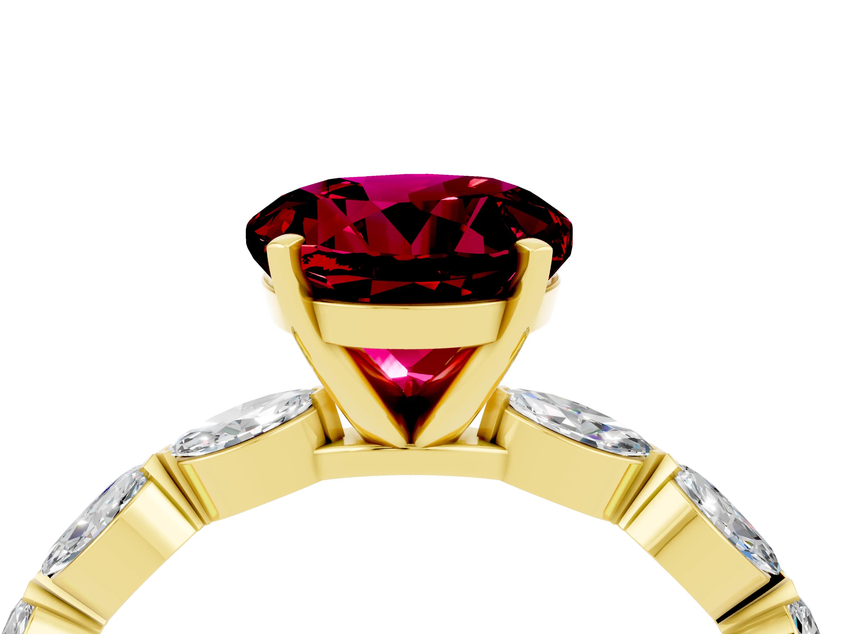 Yellow gold Round Cut Garnet Ring with Marquise Side Stones and Prong Setting_4