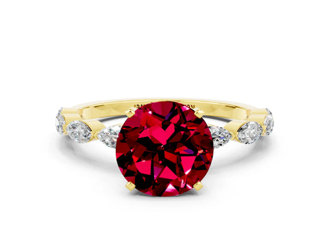 Yellow gold Round Cut Garnet Ring with Marquise Side Stones and Prong Setting