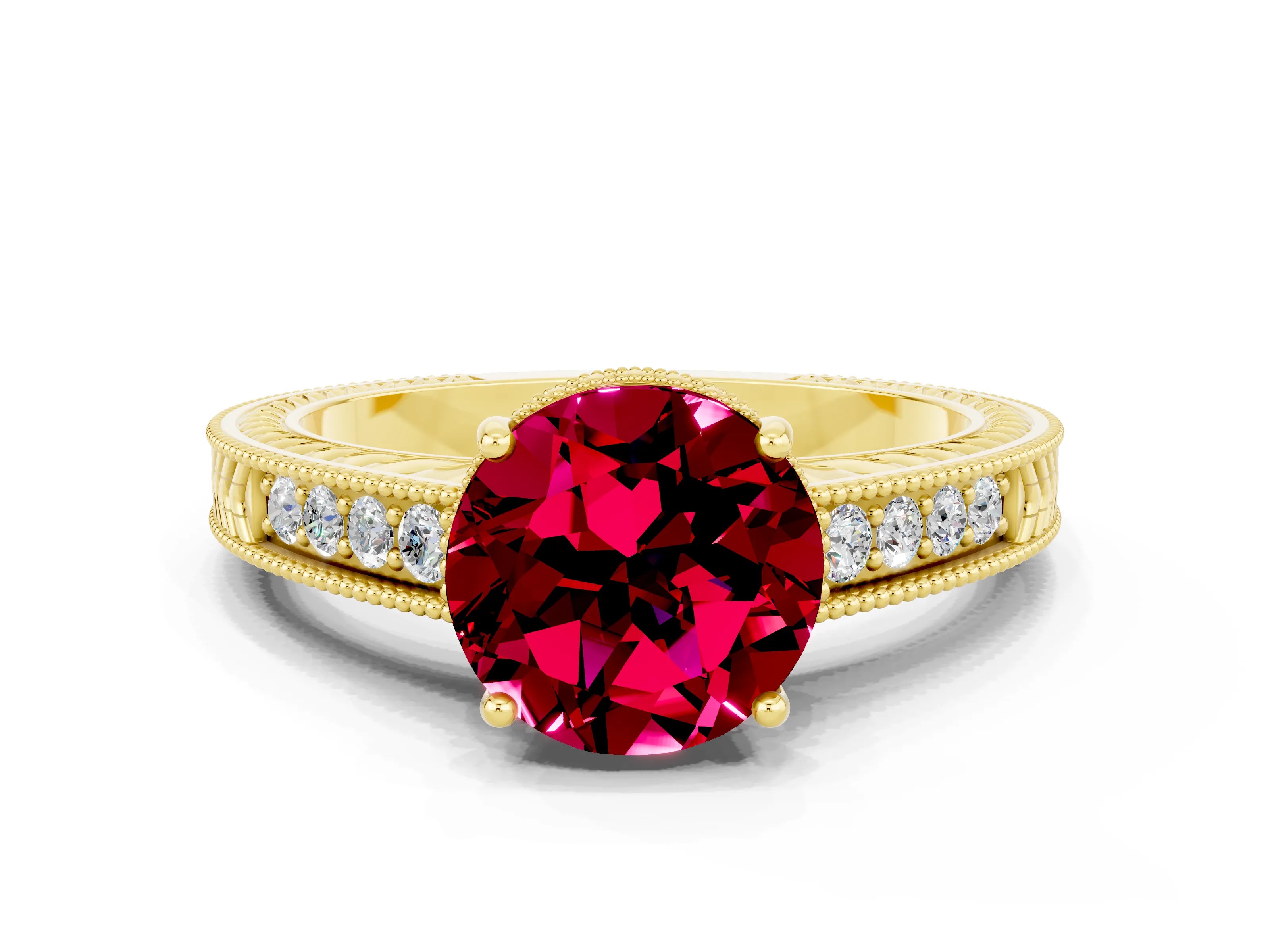Yellow gold Round Cut Garnet Ring with Milgrain Pavé Band and Four-Prong Setting_12