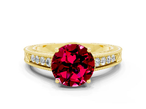 Yellow gold Round Cut Garnet Ring with Milgrain Pavé Band and Four-Prong Setting_12