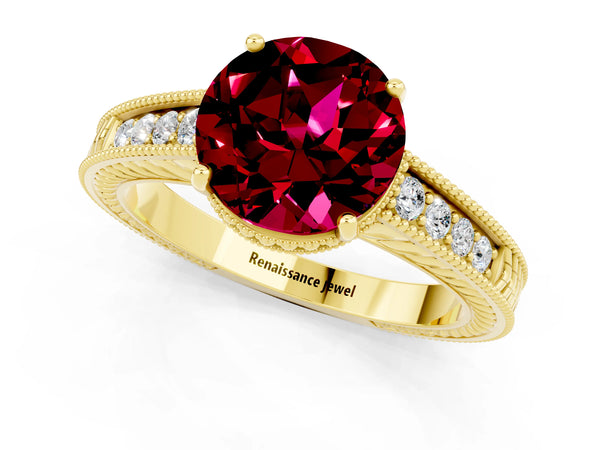 Yellow gold Round Cut Garnet Ring with Milgrain Pavé Band and Four-Prong Setting