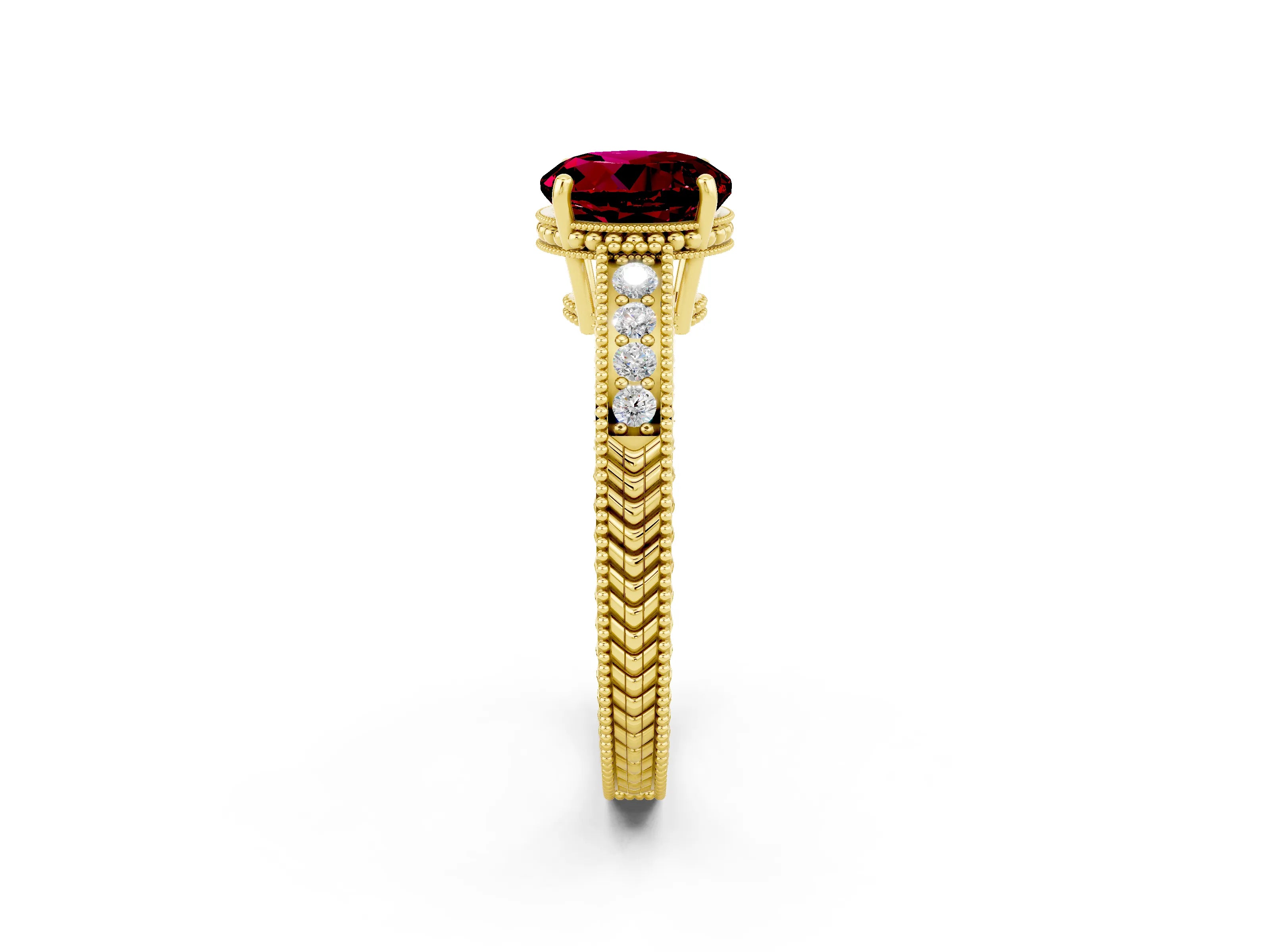 Yellow gold Round Cut Garnet Ring with Milgrain Pavé Band and Four-Prong Setting_14
