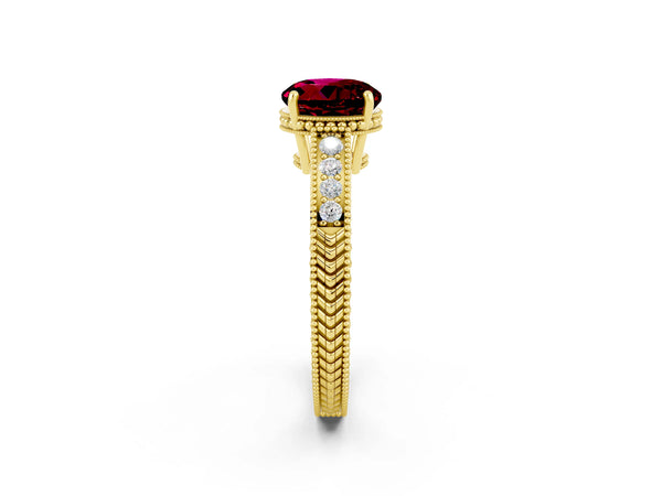Yellow gold Round Cut Garnet Ring with Milgrain Pavé Band and Four-Prong Setting