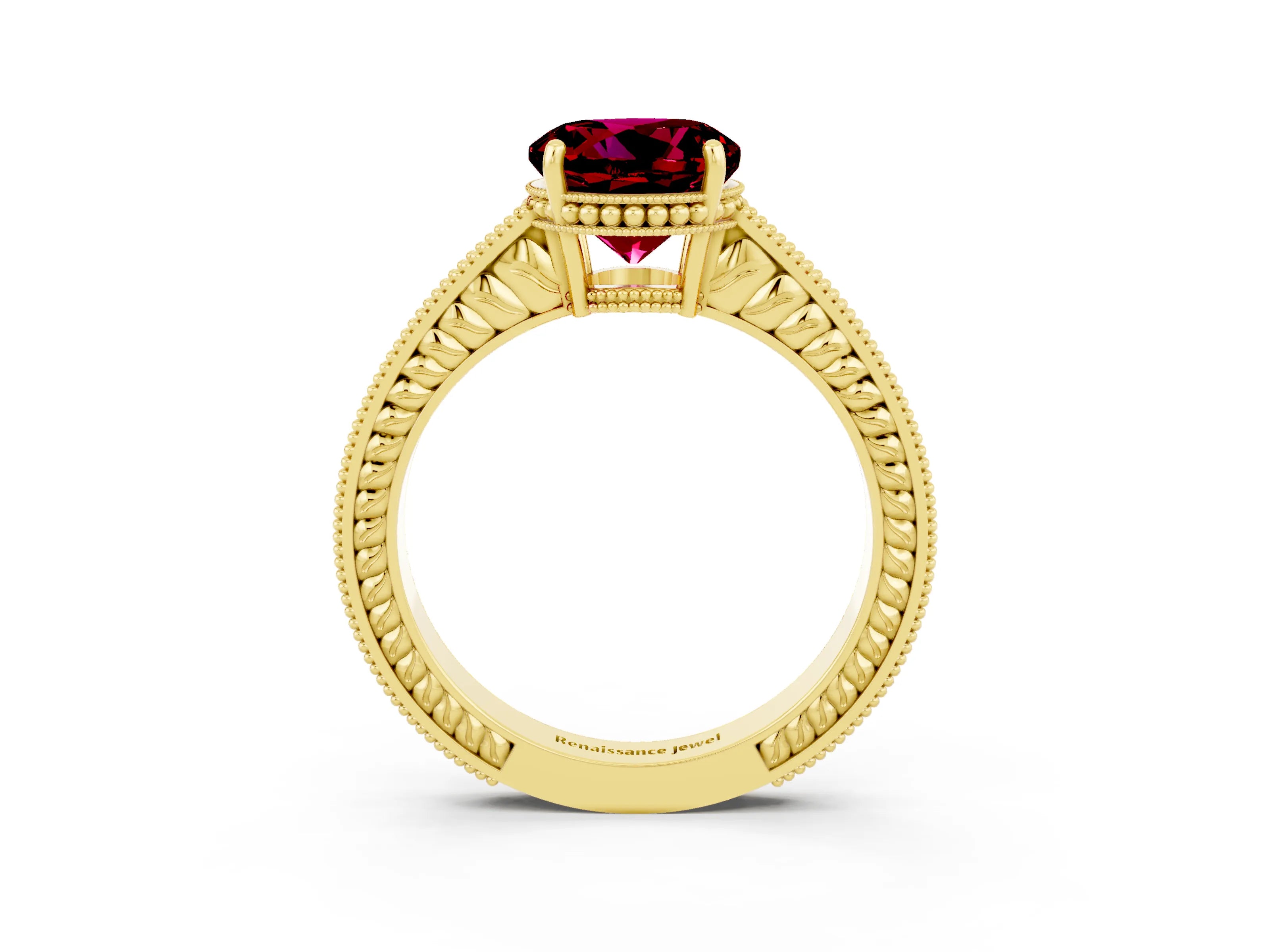 Yellow gold Round Cut Garnet Ring with Milgrain Pavé Band and Four-Prong Setting_15
