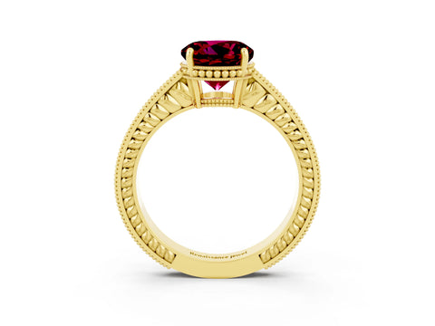 Yellow gold Round Cut Garnet Ring with Milgrain Pavé Band and Four-Prong Setting_15