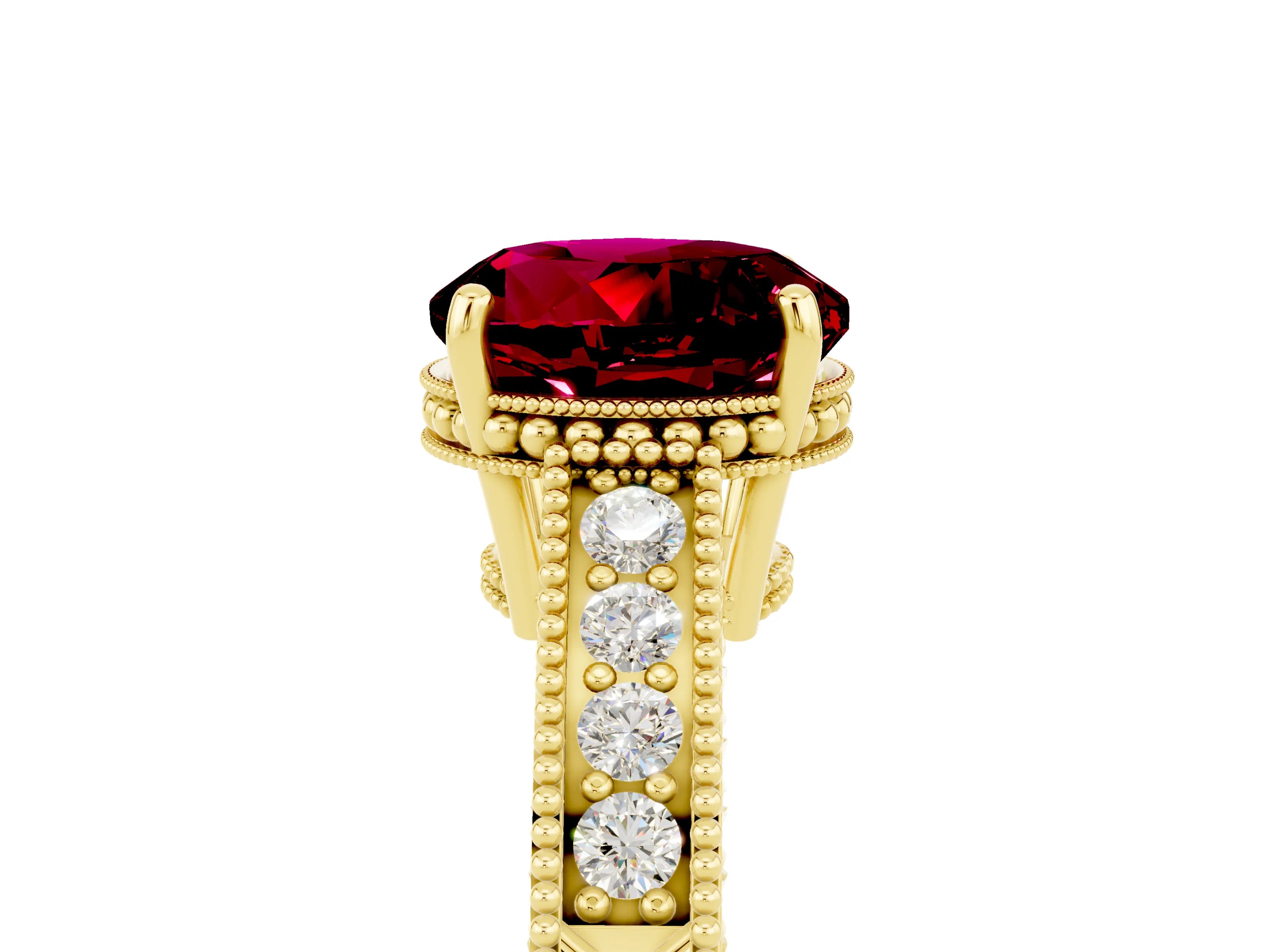 Yellow gold Round Cut Garnet Ring with Milgrain Pavé Band and Four-Prong Setting_17