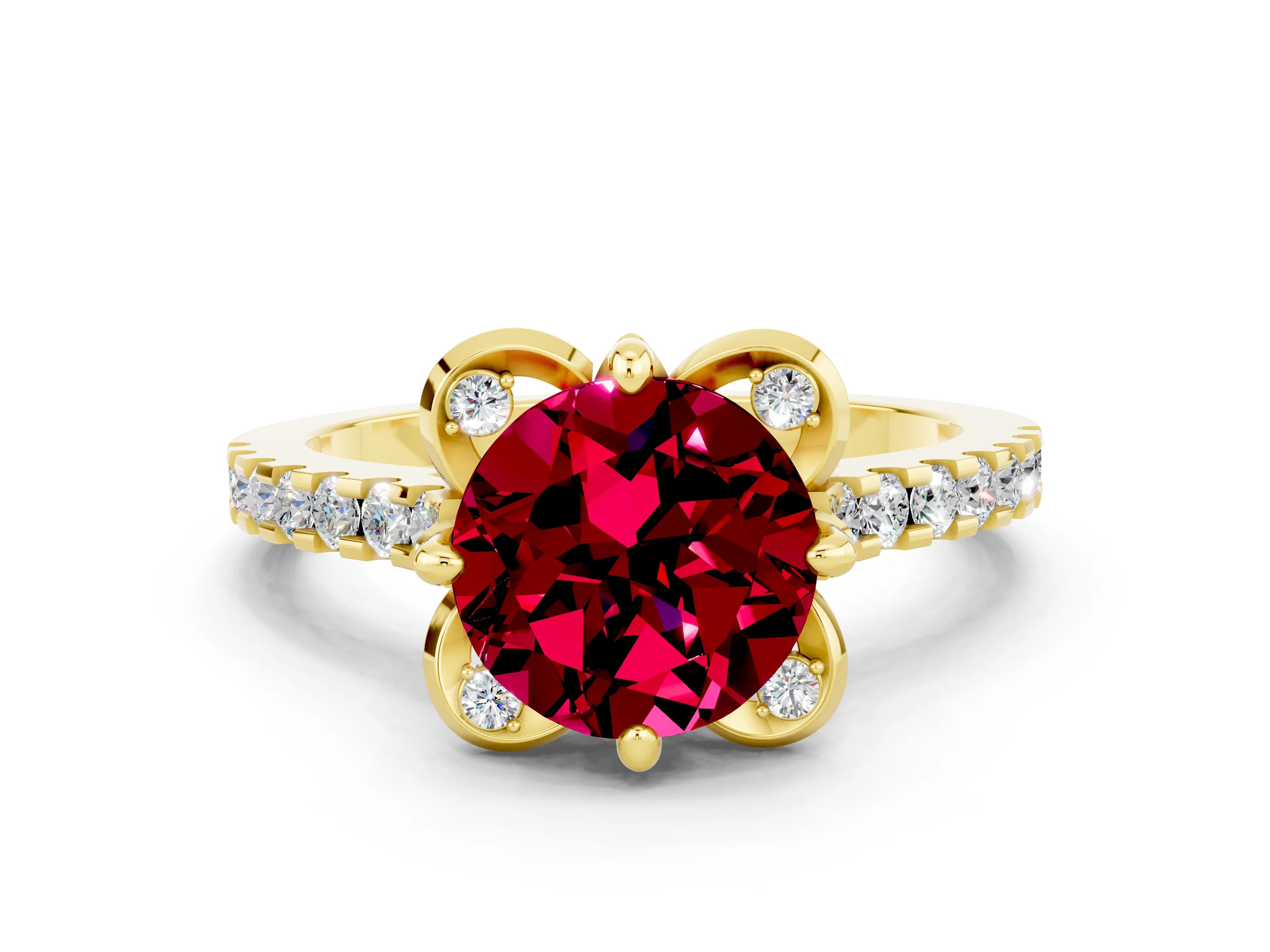 Yellow gold Round Cut Garnet Ring with Pavé Band and Floral Prong Setting