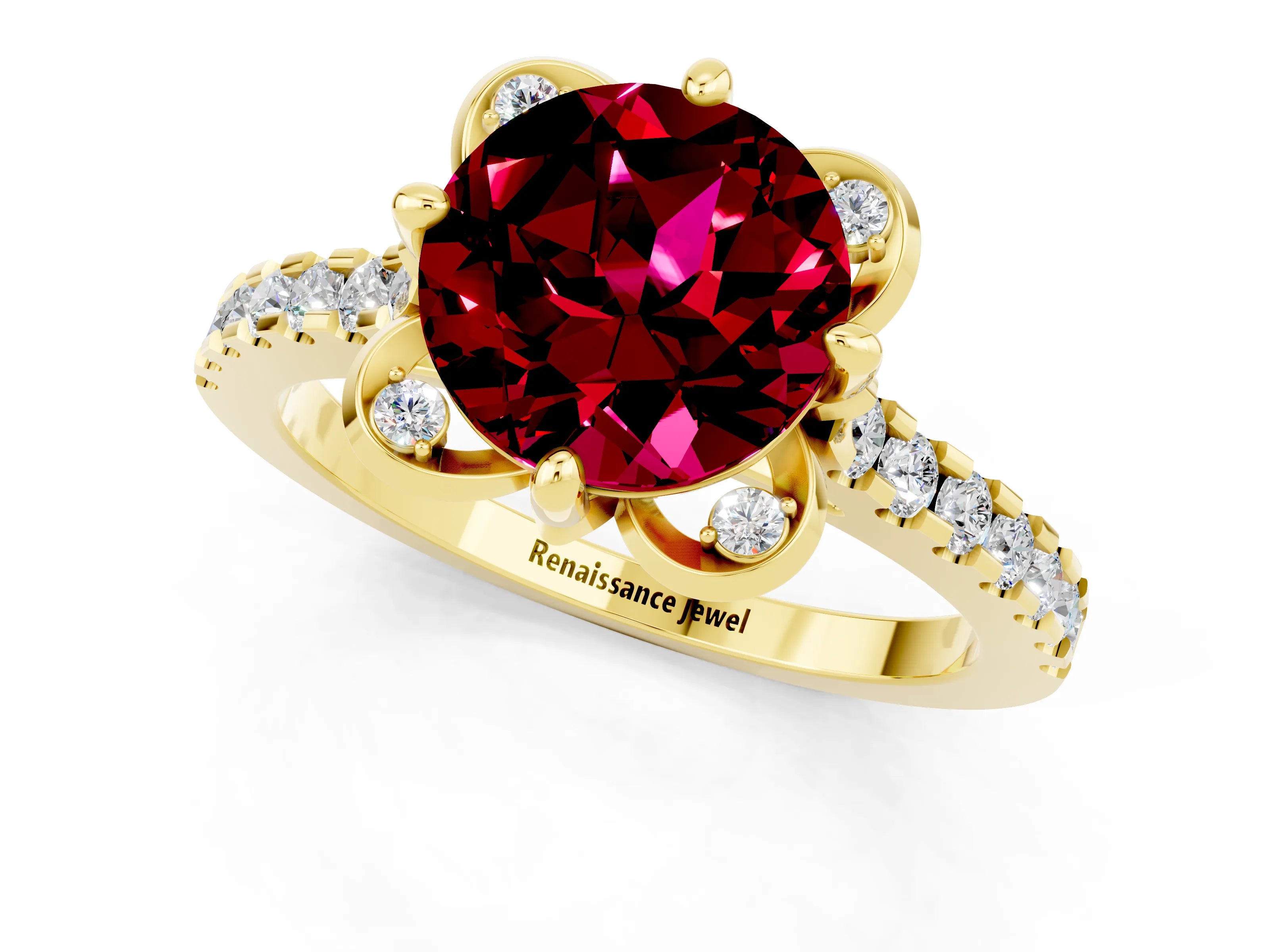 Yellow gold Round Cut Garnet Ring with Pavé Band and Floral Prong Setting_1