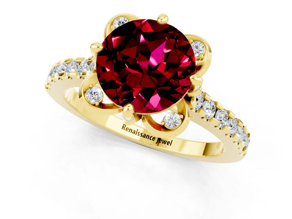 Yellow gold Round Cut Garnet Ring with Pavé Band and Floral Prong Setting
