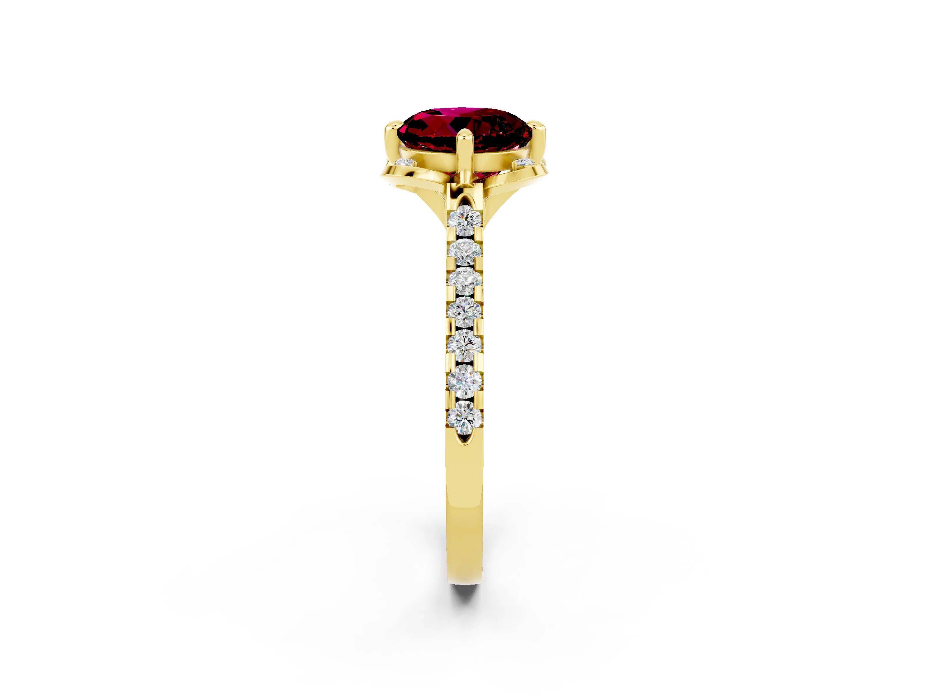 Yellow gold Round Cut Garnet Ring with Pavé Band and Floral Prong Setting_2