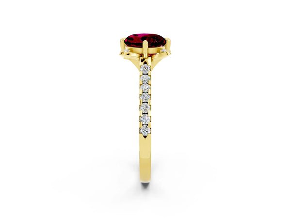 Yellow gold Round Cut Garnet Ring with Pavé Band and Floral Prong Setting