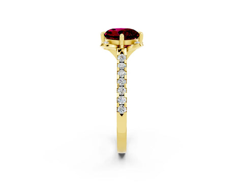 Yellow gold Round Cut Garnet Ring with Pavé Band and Floral Prong Setting_2