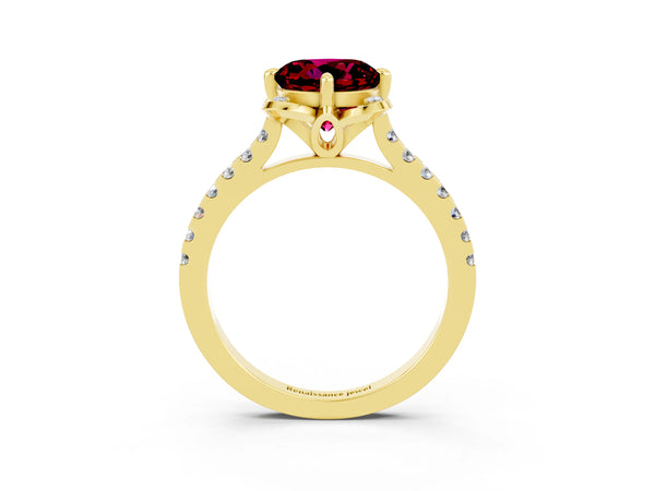 Yellow gold Round Cut Garnet Ring with Pavé Band and Floral Prong Setting
