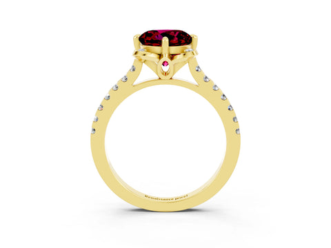 Yellow gold Round Cut Garnet Ring with Pavé Band and Floral Prong Setting_3