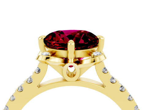 Yellow gold Round Cut Garnet Ring with Pavé Band and Floral Prong Setting_4