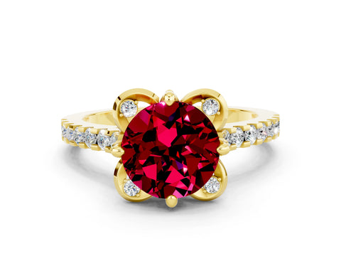 Yellow gold Round Cut Garnet Ring with Pavé Band and Floral Prong Setting