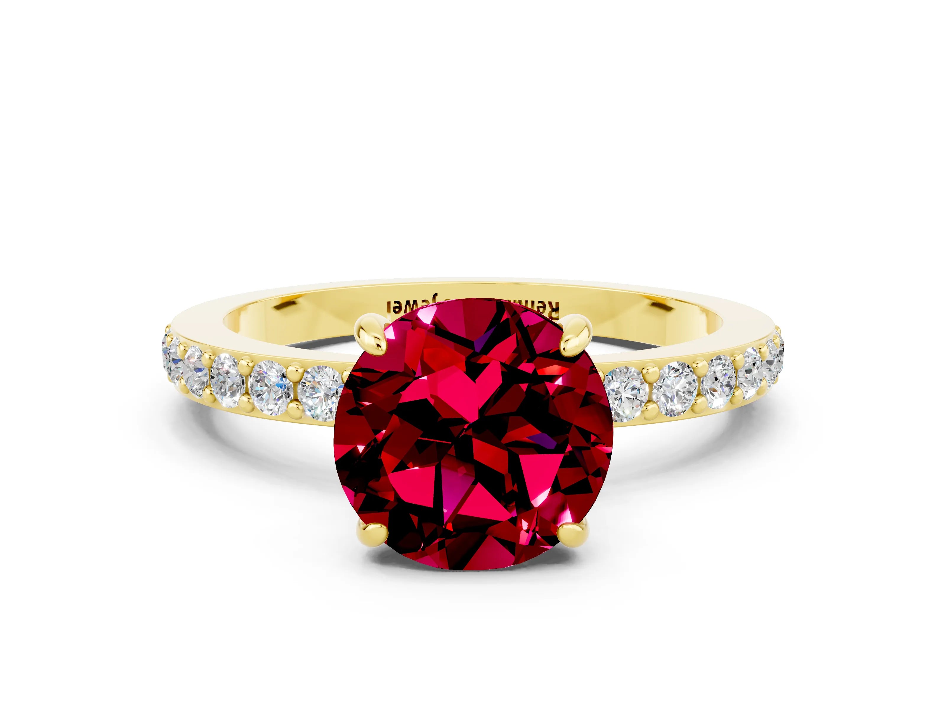 Yellow gold Round Cut Garnet Ring with Pavé Band and Four-Prong Setting