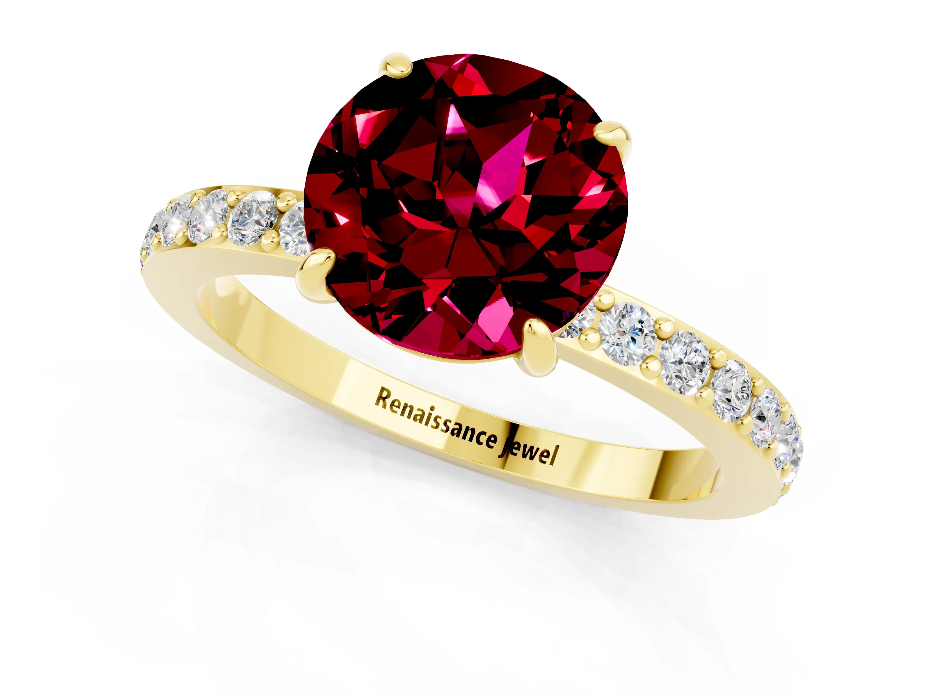 Yellow gold Round Cut Garnet Ring with Pavé Band and Four-Prong Setting_1