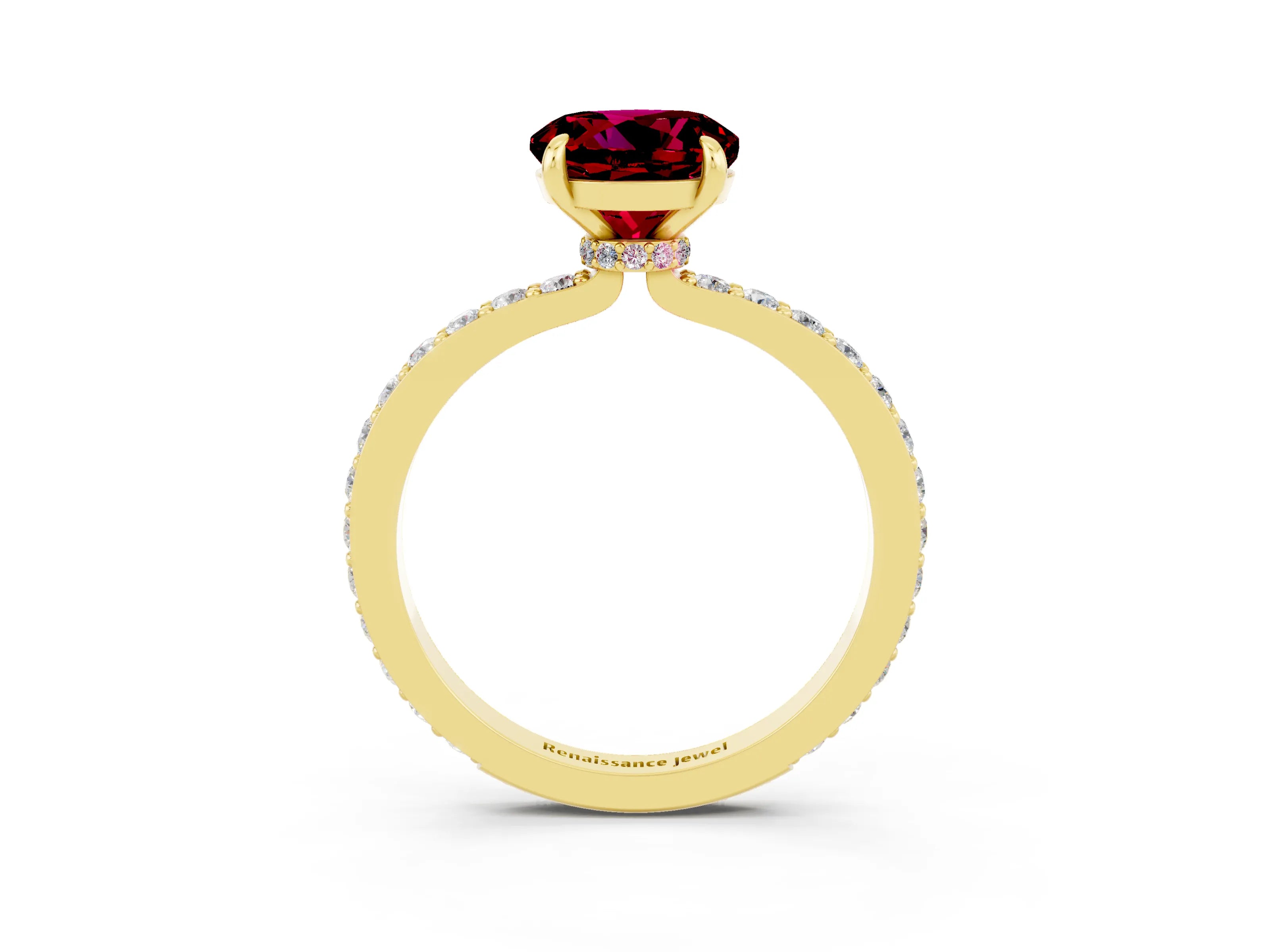 Yellow gold Round Cut Garnet Ring with Pavé Band and Four-Prong Setting_3