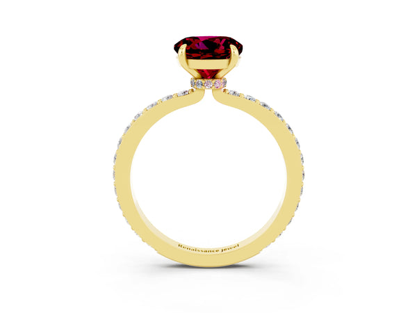 Yellow gold Round Cut Garnet Pavé Engagement Ring with Round  Accents and Prong Setting