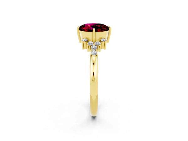 Yellow gold Round Cut Garnet Ring with Side Stones and Four-Prong Setting