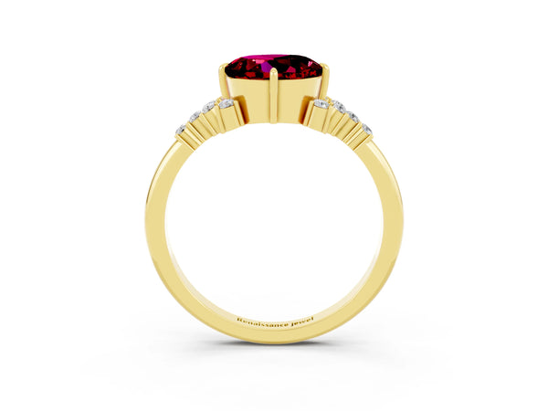Yellow gold Round Cut Garnet Ring with Side Stones and Four-Prong Setting