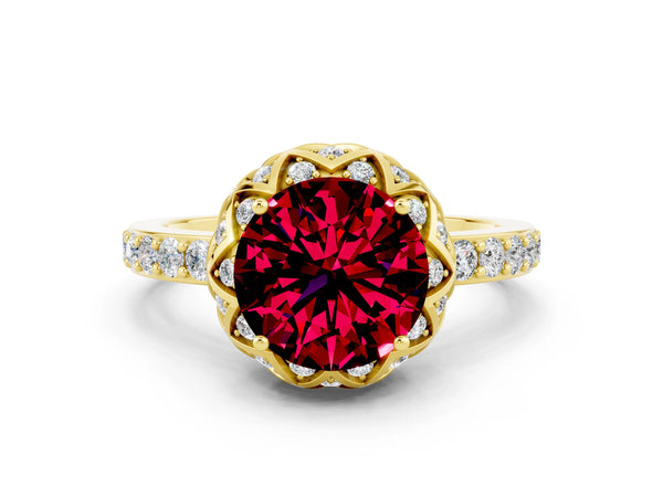Yellow gold Round Cut Garnet Scalloped Halo Engagement Ring with Round Shared Prong Band