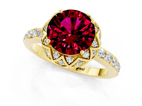 Yellow gold Round Cut Garnet Scalloped Halo Engagement Ring with Round Shared Prong Band