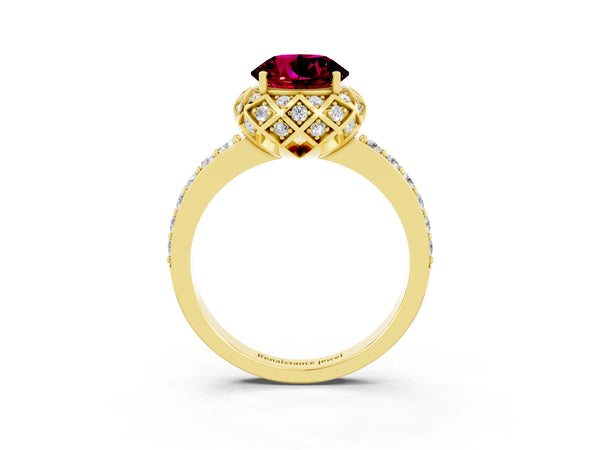 Yellow gold Round Cut Garnet Scalloped Halo Engagement Ring with Round Shared Prong Band
