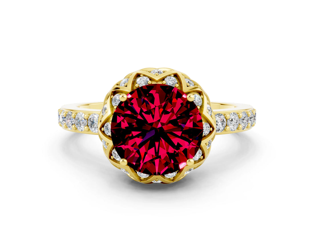 Yellow gold Round Cut Garnet Scalloped Halo Engagement Ring with Round Shared Prong Band_24