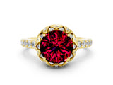 Yellow gold Round Cut Garnet Scalloped Halo Engagement Ring with Round Shared Prong Band_24
