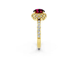 Yellow gold Round Cut Garnet Scalloped Halo Engagement Ring with Round Shared Prong Band_26