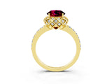 Yellow gold Round Cut Garnet Scalloped Halo Engagement Ring with Round Shared Prong Band_27