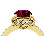 Yellow gold Round Cut Garnet Scalloped Halo Engagement Ring with Round Shared Prong Band_28