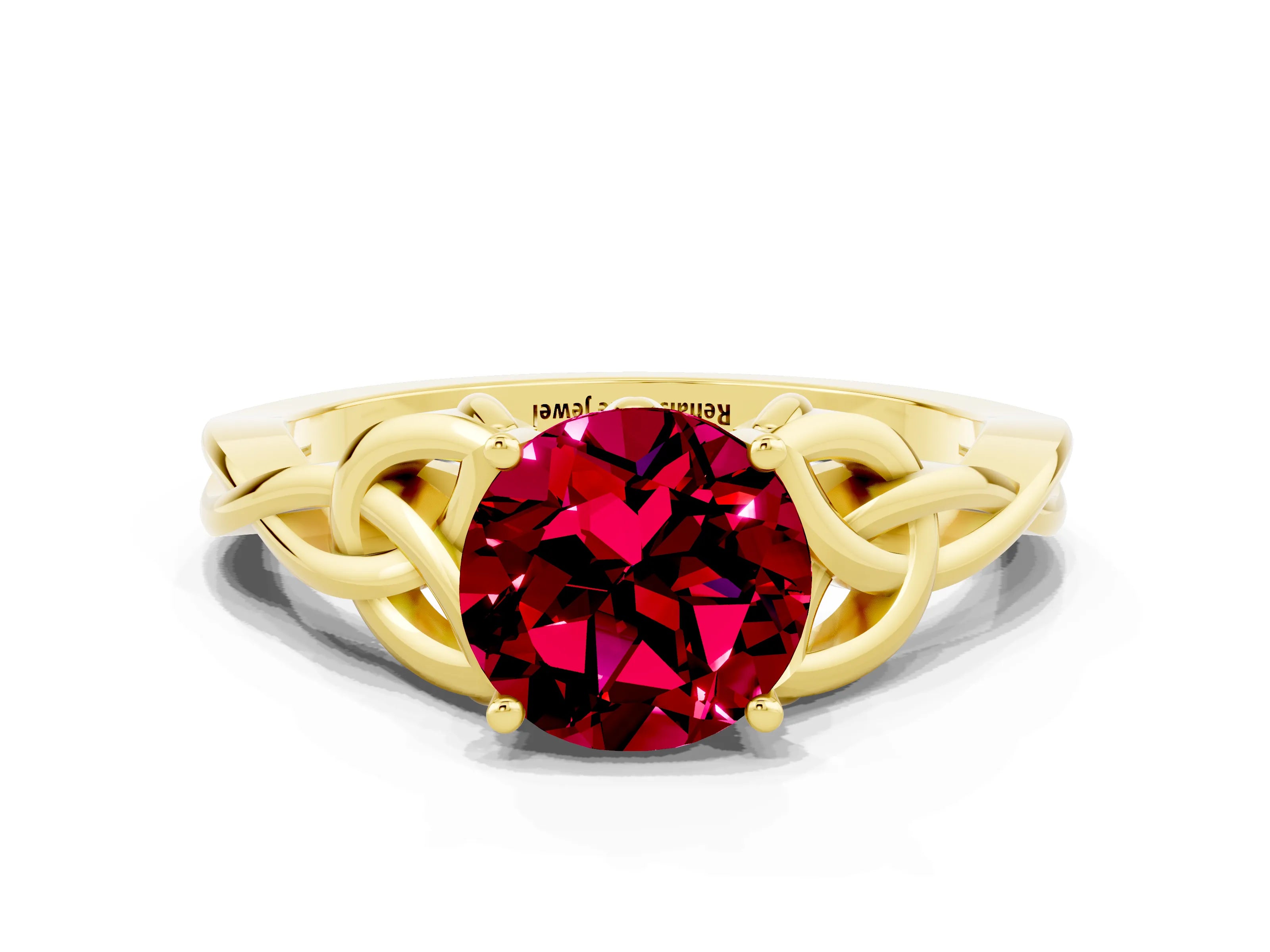 Yellow gold Round Cut Garnet Solitaire Celtic Knot Ring with Four-Prong Setting_12