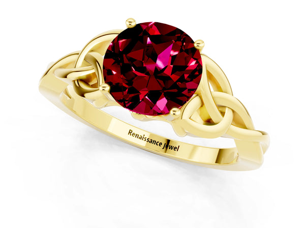 Yellow gold Round Cut Garnet Solitaire Celtic Knot Ring with Four-Prong Setting