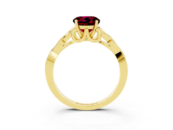 Yellow gold Round Cut Garnet Solitaire Celtic Knot Ring with Four-Prong Setting